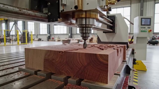 CNC machine carving detailed pattern into beautiful wood block showing intricate craftsmanship in a workshop environment
