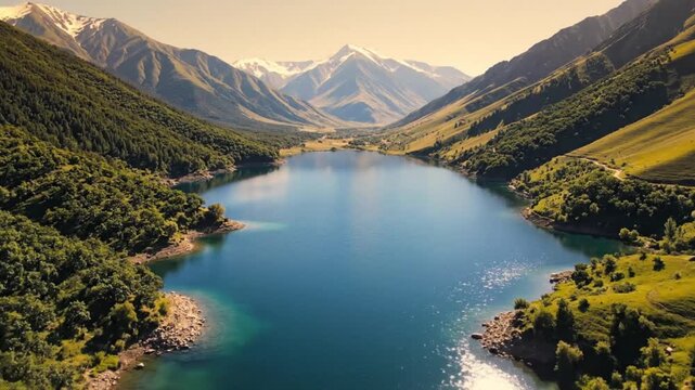 Serene alpine lake with crystal clear water surrounded by lush green mountains at sunrise