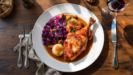 Top-Down Flat Lay Austrian Martinigansl - Roasted Goose Leg with Red Cabbage and Potato Dumplings - Traditional St. Martin's Day Feast - Deep Focus Food Photography