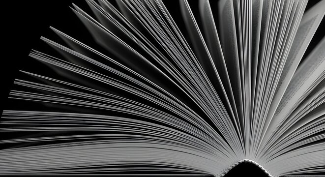 An open book with pages fanned out creating a dynamic radial pattern against a dark background