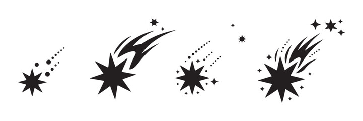 Abstract starburst comet icons with sharp points and cosmic dust trails for celestial design and space art. © Mukti