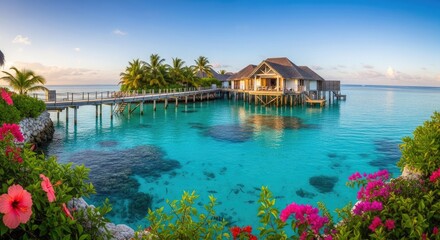 Obraz premium Idyllic overwater bungalows in a tropical paradise surrounded by clear turquoise water
