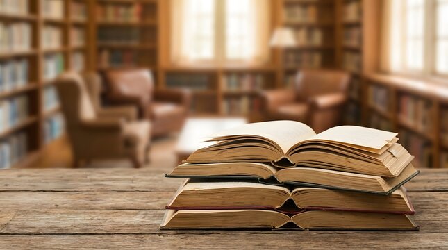 A stack of old open books rests on a rustic wooden table set against a blurred background of a cozy library with bookshelves and armchairs