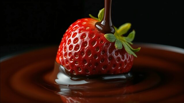Close-up of a fresh, ripe red strawberry being dipped into smooth, swirling melted dark chocolate, creating a delicious and indulgent dessert scene