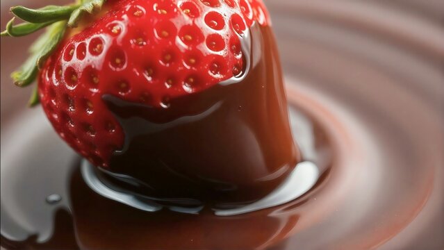 Close-up of a fresh, ripe red strawberry being dipped into smooth, swirling melted dark chocolate, creating a delicious and indulgent dessert scene
