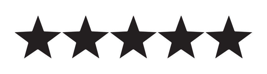 Obraz premium Five black star icons representing a perfect rating or excellent review on a white isolated background.