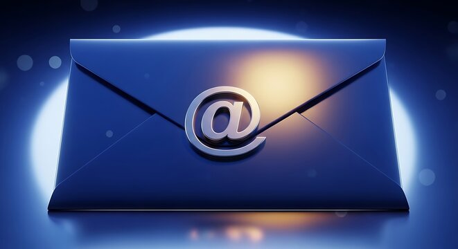 Email Envelope with At Symbol Glowing in Blue Light.