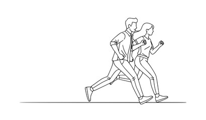 Fototapeta premium Minimalist line art illustration of man and woman running chasing goal simple outline people vector design
