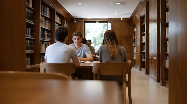 A group of individuals collaborating and studying within a richly appointed quiet academic library setting