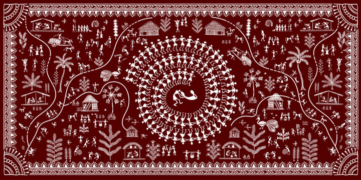 Vector illustration traditional Warli tribal art from India. White village figures, huts, trees and decorative border on a deep maroon background. Ethnic folk design