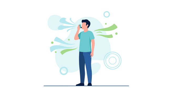 Man using inhaler for asthma relief with blue and green abstract spray effects