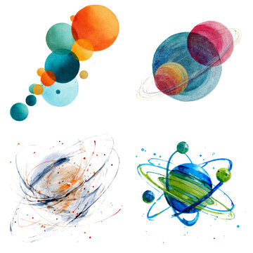 Watercolor planets - orbit path watercolor isolation on transparent illustration format , in PNG flie..