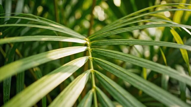 Close-up of vibrant green palm fronds with long thin leaflets radiating from a central stem in natural sunlight, featuring detailed leaf texture and blurred botanical background.
