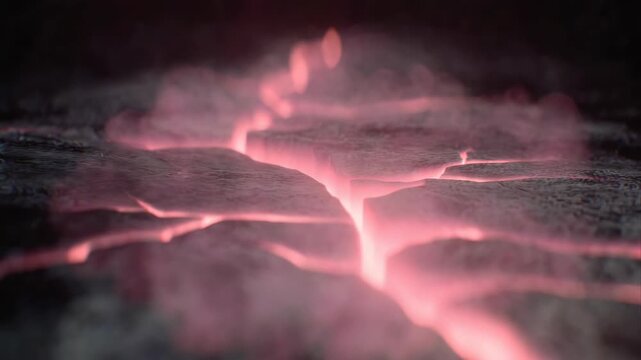 Glowing cracks in dark rocky ground in realistic style on blurry backdrop, concept of heat and geological energy