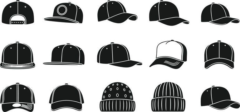 Collection of fifteen vector hat silhouettes including baseball caps, trucker caps, fitted caps, beanies, and fashion headwear variations