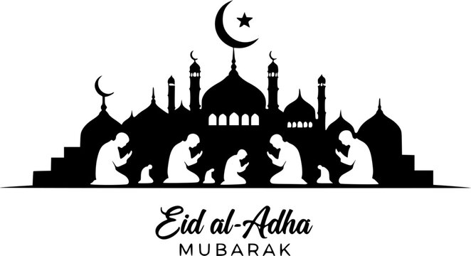 Eid-al Adha Celebration Silhouette with Mosque and muslim people and sheep