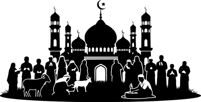 Eid-al Adha Celebration Silhouette with Mosque and muslim people and sheep