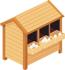 Wooden chicken coop with nest boxes filled with eggs. Clean flat vector illustration isolated on light background. © Nunkii