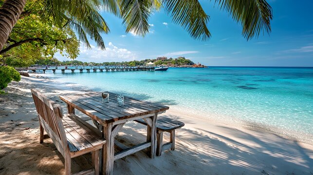 Tropical Serenity: Beachfront Wooden Table with Turquoise Waters and Palm Shade