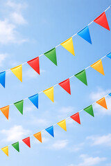 Obraz premium Colorful triangular flags on a string against blue sky