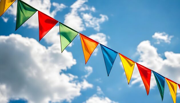 Colorful triangular flags on a string against blue sky