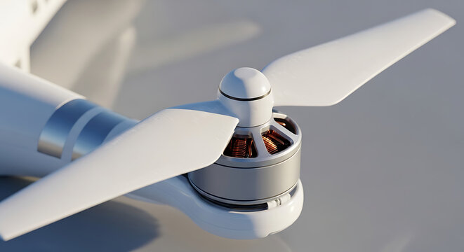 Close Up of White Drone Propeller and Brushless Electric Motor on a Sunny Day
