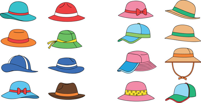 Cartoon vector illustration of stylish hats in colorful fashion headwear collection