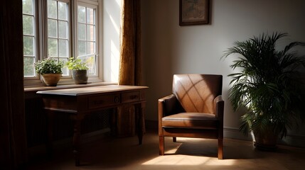 Fototapeta premium Sunlight streams into a comfortable rustic study featuring a leather armchair and lush tropical plants