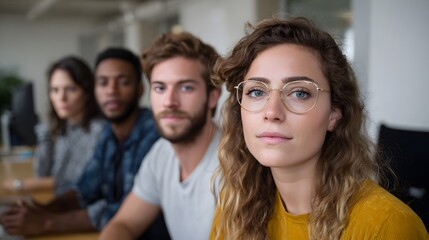 Obraz premium A diverse group of young professionals gathered in a modern office engaged in thoughtful discussion and collabo n