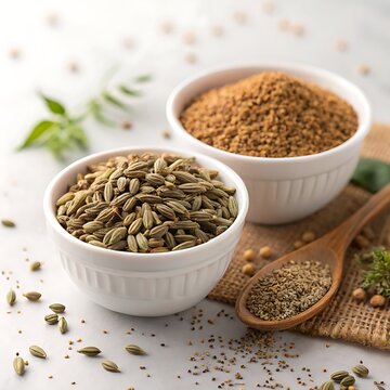 Carom seeds and ajwain seeds in white bowls on rustic background with wooden spoon earthy tones macro detail natural light