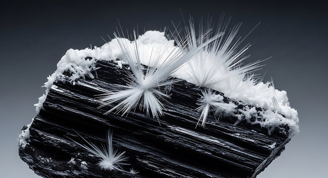 white acicular mineral crystals forming intricate patterns on dark rock captured in monochrome macro photography for science and geology.
