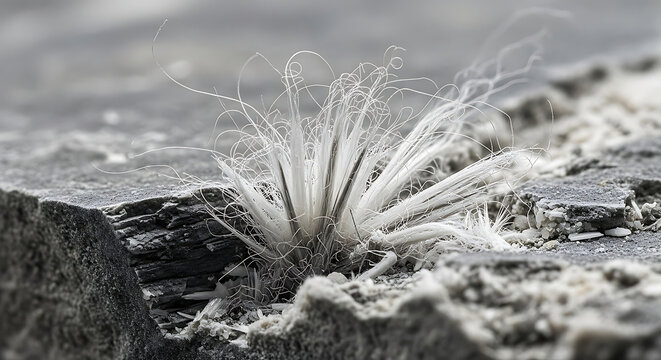 white asbestos fibers a hazardous material and dangerous substance emerging from cracked concrete illustrating environmental health concerns.