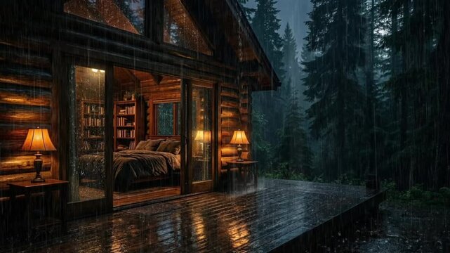 Luxury wooden forest cabin with cozy bedroom and library, rainy evening on terrace, warm ambient lighting, peaceful nature retreat, modern rustic house in woods with rain, tranquil lifestyle scene