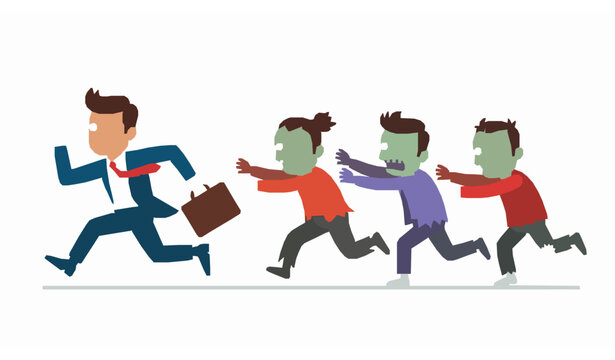 Funny cartoon businessman running away from zombies chase scene playful horror business concept vector illustration