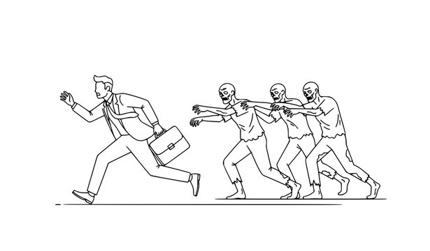Minimal line art businessman escaping zombie chase simple outline horror concept vector illustration