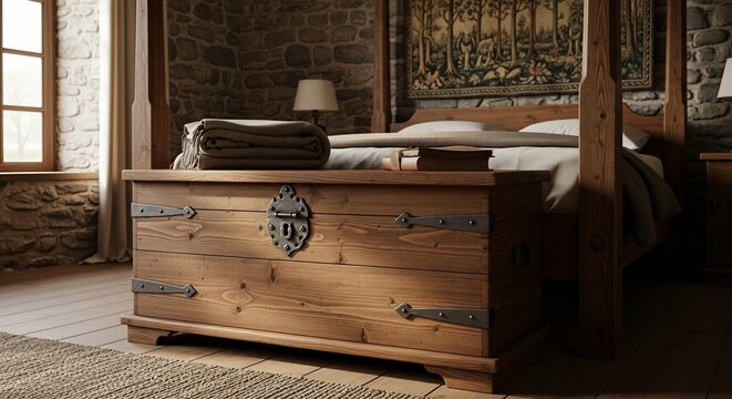 Rustic Bedroom Interior with Wooden Chest and Four-Poster Bed