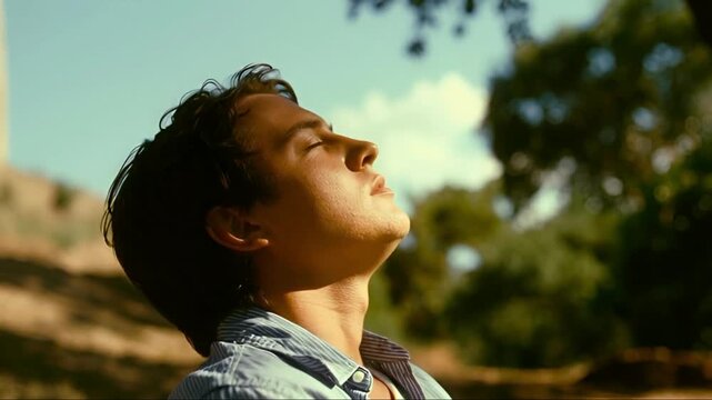 Serene young man with closed eyes enjoying warm golden sunlight on his face outdoors for peace and nature connection concept.