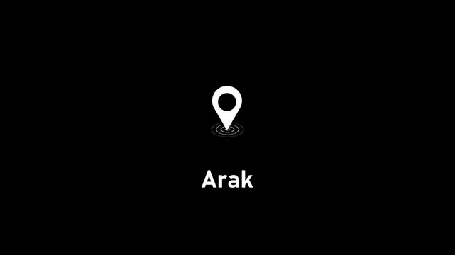 Arak city location pin animation on black background, minimalist map marker for travel and navigation projects