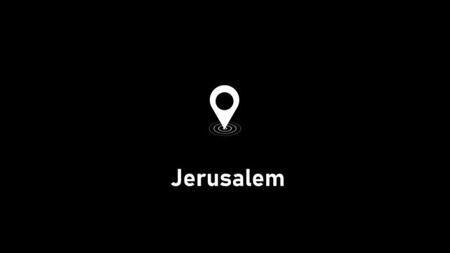 Jerusalem city location pin animation on black background, for travel and, mapping projects israel