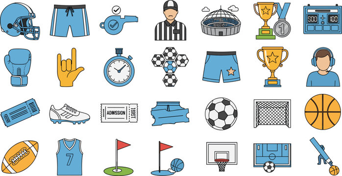 Sports Icon Set Featuring Football, Basketball, Boxing, Referee, Trophy, Stadium, Jersey, Ball, Equipment, and Athletic Game Elements