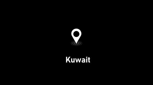 Kuwait location pin animation on black background, digital map marker for travel and business presentations
