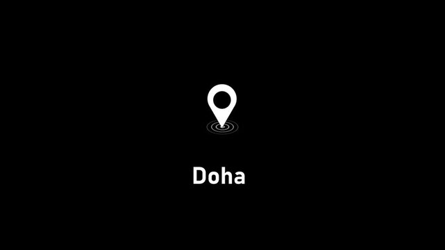 Doha city location pin animation on black background, minimalist travel map marker for qatar tourism and navigation projects