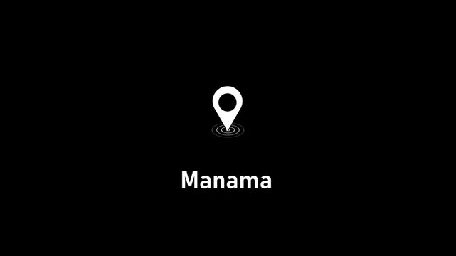 Manama city location pin animation on black background, minimalist map pointer for travel and navigation projects