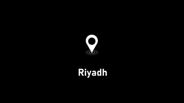 Riyadh city location pin animation on black background, for travel and, business mapping saudi, arabia