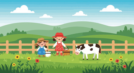 Obraz premium Two happy children with a cow on a farm.