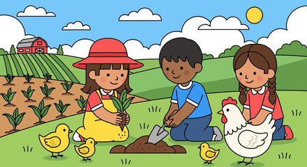 Fototapeta premium Children planting and caring for farm animals.