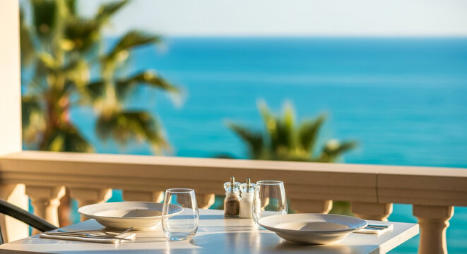 Ocean terrace restaurant table at sunset for vacation luxury dining with seaside resort view