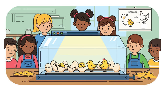 Children observing newly hatched chicks in an incubator.