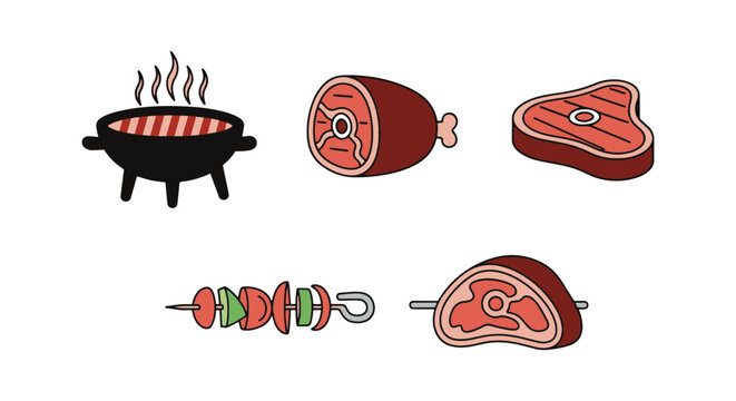 Meat BBQ Line art vector set minimal colorful shapes
