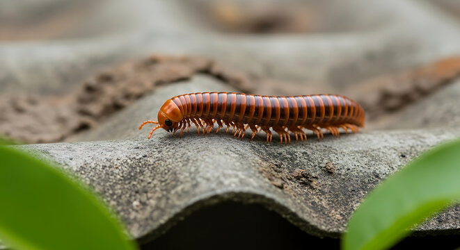 a millipede crawling an arthropod invertebrate myriapod on a weathered concrete surface outdoors with a detailed macro close up.